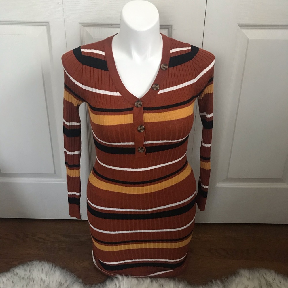 Button Striped Fall Burnt Orange Red Yellow Dress